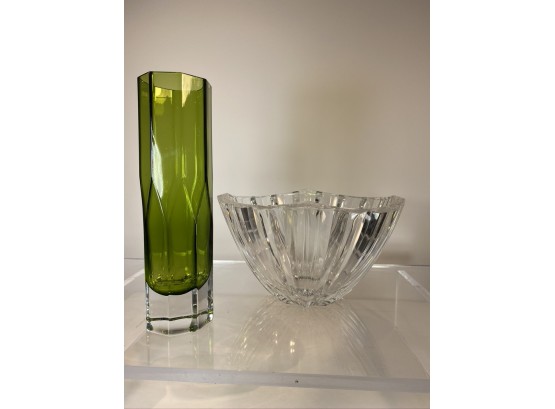 Mid Century Modern Green Hexagonal Glass Vase And Fluted Diamond Shaped Crystal Bowl