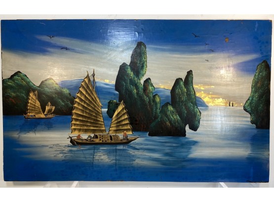 Vintage Asian Waterscape With Junk Boat, Oil On Board