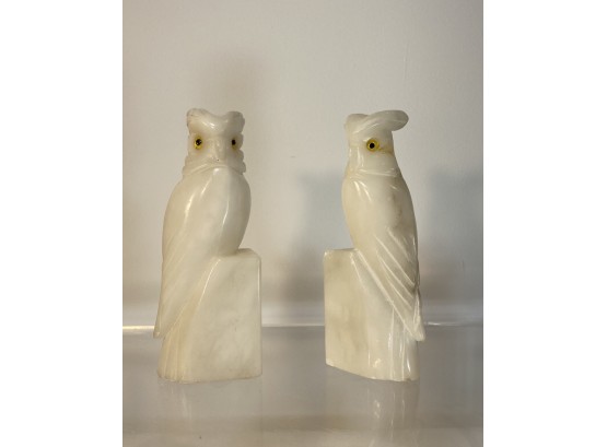 Pair Of Italian White Alabaster Owl Book Ends