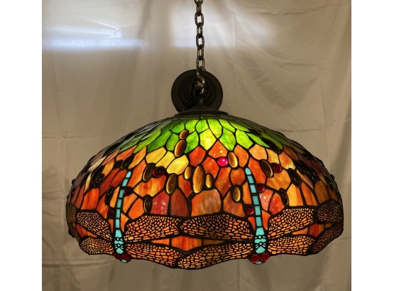 Beautiful Stained Glass Tiffany Style Dragon Flies Ceiling Pendant With Interior Candelabra