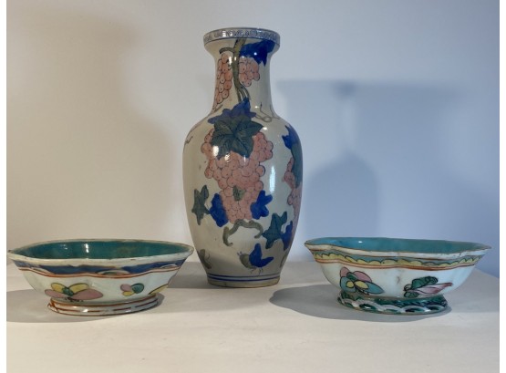 Two Ceramic  Asian Bowls And A Ceramic Asian Bottleneck Vase With Grapes