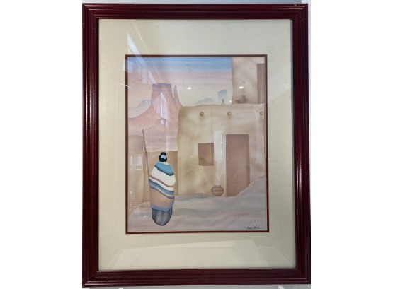 New Mexico Native Woman By Pueblo - Signed Watercolor Or Print In Frame