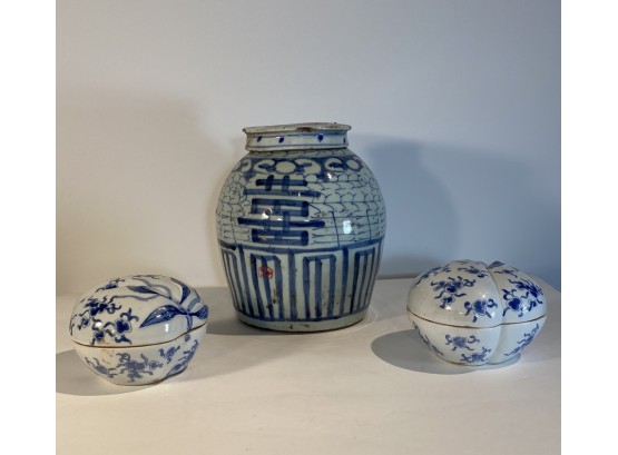 Three Ceramic Asian Lidded Containers Two Hearts One Urn