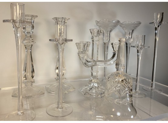 Crystal And Cut Glass Candle Sticks, Candelabra, And A Bell