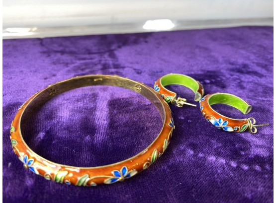 Sterling Silver And Enamel Cloisonne Bracelet And Earrings Set