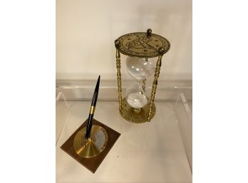Mid Century Desk Top Objects - Brass & Glass Hourglass And Oak And Brass Pen Holder & Calendar