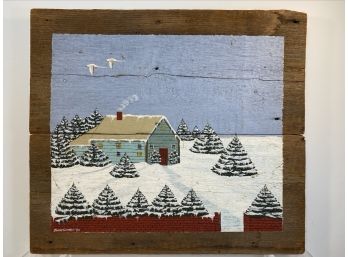 Primitive Art, Oil On Wood - Landscape, Old New England Winter Scene