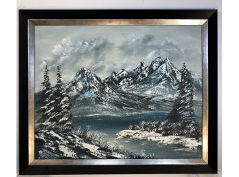 Oil On Canvas - Snowy Mountain Landscape With Pines