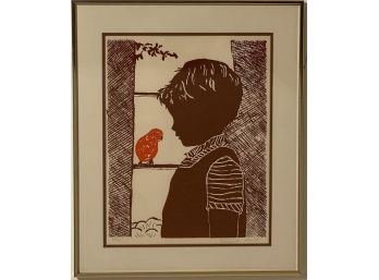 Lithograph Silhouette Of Boy With Red Bird, By Rosalind Smith, Signed And Numbered