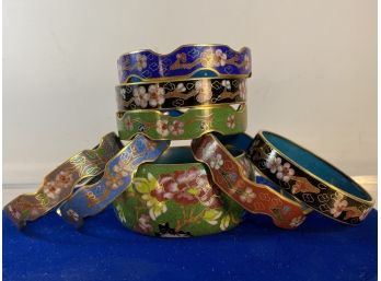 Stack Of 8 Unworn Vintage Asian Floral Cloisonne And Enamel Bangle Bracelets