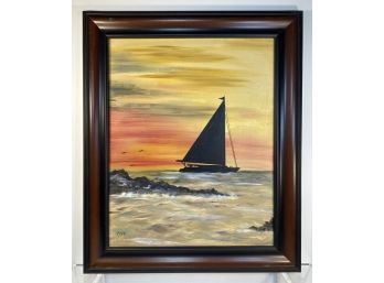 Silhouette Of Sailboat At Sunset Oil Painting