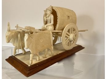 Carved Bone Rickshaw With Driver Man And Cattle On Wood