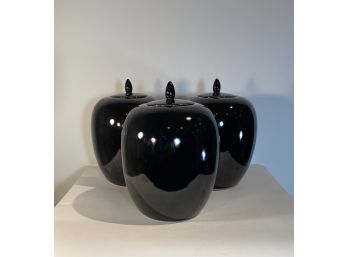 Three 13' Tall Black Ceramic Vessels With Lids  - Tall Jars Or Urns