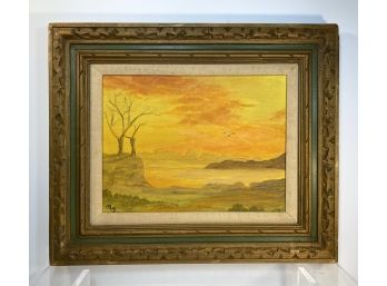 Outsider Art Painting On Canvas - Landscape At Orange Sunset