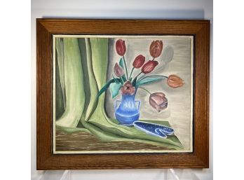 Still Life Painting Of Tulips And Blue Ashtray, Oil Or Acrylic On Canvas Board