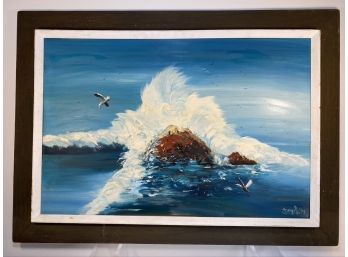 Waterscape Wave Break On Rock With Seagull, Oil On Canvas