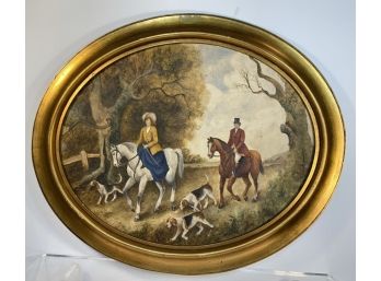 Oval Hunting Scene - Oil Or Gouache On Mason Board Painting