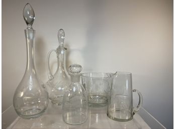 Five Floral Etched Glass Containers, Decanters, Ice Bowl, Pitcher