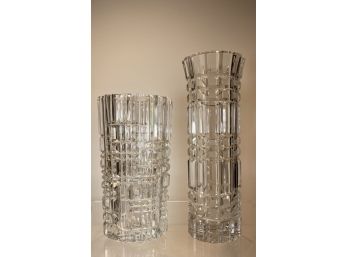 Pair Of Geometric Cut Crystal Heavy Vases