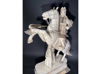 Large Vintage Bovine Bone Carved Sculpture Of Warrior On A Horse With Sword