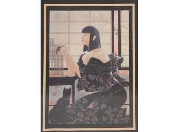 Muramasa Kudo Print / Poster Of Woman Feeding Bird With Black Cat