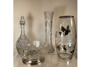Assorted Etched, Cut, And Silver Leaf Glass And Crystal Containers