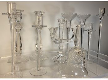 Crystal And Cut Glass Candle Sticks, Candelabra, And A Bell