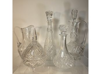 Five Cut Crystal Vessels, Decanters Pitcher And Covered Candy Dish