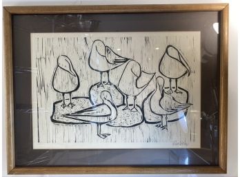 Signed Woodblock Print, Ducks In The Rain