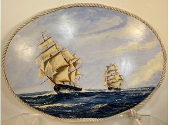 Nautical Painting In Oval, Oil On Board