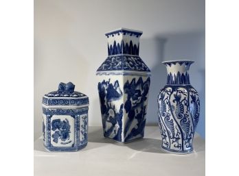 Blue & White Ceramic Vases And A Container With Lid