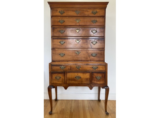 18th Cent Queen Anne Maple Highboy W. Flat Top And Coved Cornice - See Details For History Entailed