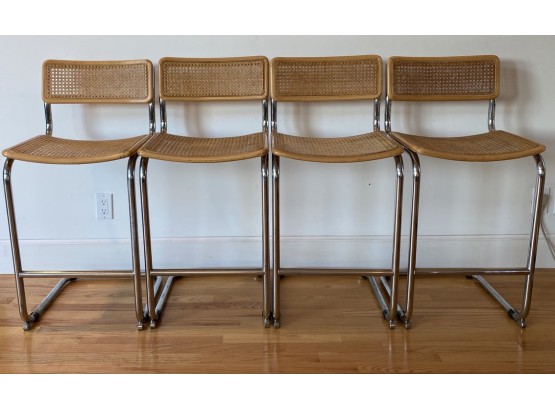Four Vintage Cesca Of Original Bruer Cantilever Counter Stools Chrome Base, Caned Back And Seat Mid Century
