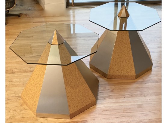 Pair Of Hexagonal Pyramid With Hexagonal Glass Top Side Tables