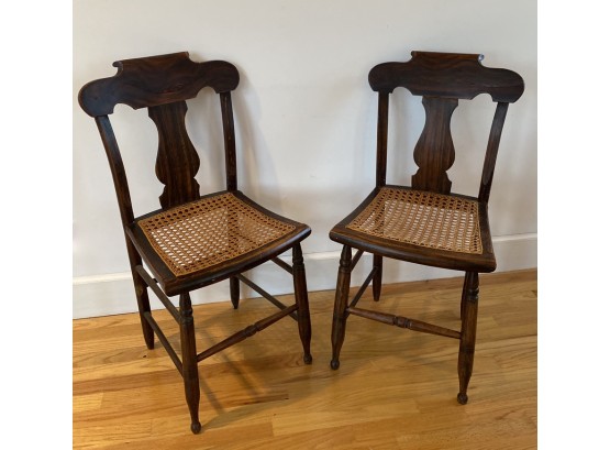 Pair Of Early American Empire Caned Seat Chairs In Oak