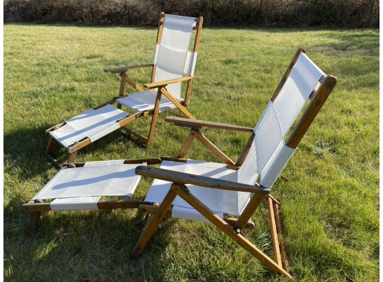 Pair Teak And White Outdoor Fabric Sling Back Chairs With Detachable Lounge Extension / Ottoman