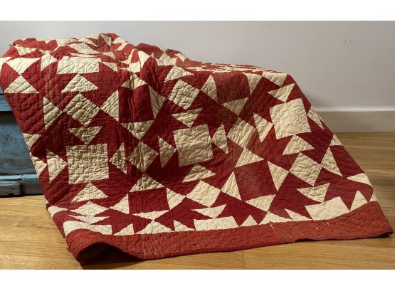 Antique Red And White Geometric Cotton Quilt