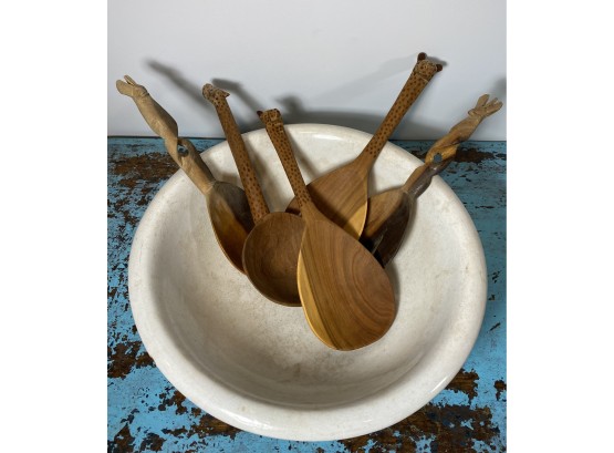 5 Wooden Serving Utensils With Animal Heads And An Antique White Ceramic Bowl