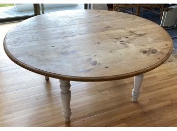 72' Round Pine Farm Table With White Turned Legs