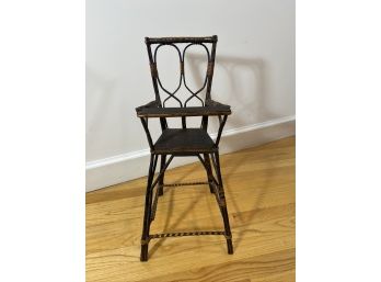 Antique Puppet Or Doll's Rattan Stool Or High Chair With Leather Seat