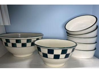 2 Vintage Marston By Wedgewood Checkered Bowls &5 Wedgewood White With Green And Black Rim Bowls
