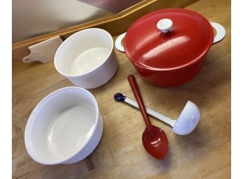 Red Dutch Oven With Lid, Two Ceramic Baking Dishes, Enamel Spoon And Ladel