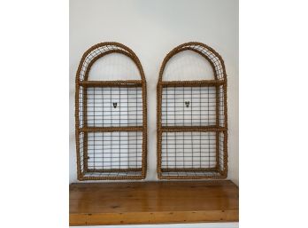 Pair Of Woven Grass And Metal Wall Shelves
