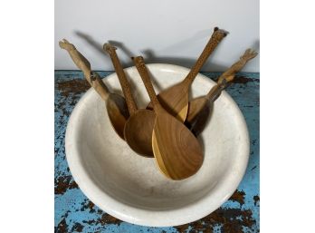 5 Wooden Serving Utensils With Animal Heads And An Antique White Ceramic Bowl