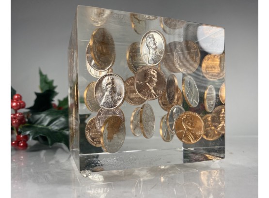 Gift Alert! - Lucite Cube With Pennies ! Mid Century Modern Wonder Of Art