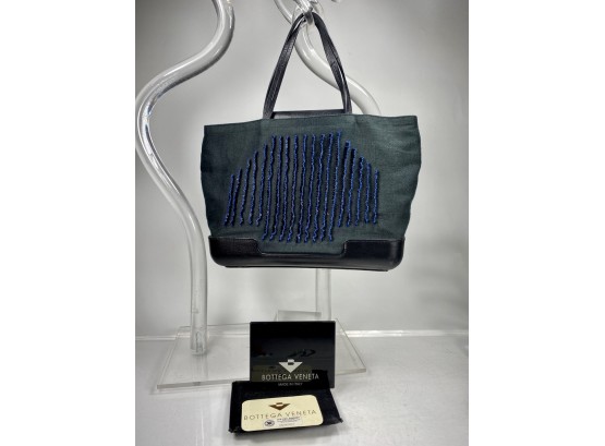 Bottega Veneta, Limited Edition Black Leather And Linen With Beaded Front Detailing Small Tote