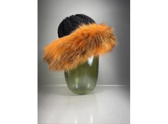 Vintage Black Knit Hat With Orange Fur Trim