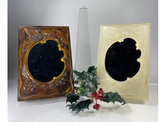 Two Vintage Nouveau Style Free Standing, Celluloid Mirrors Brown And Cream