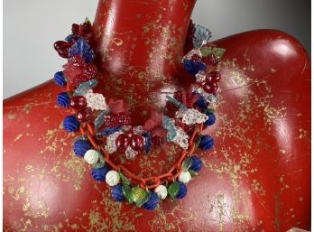 Vintage Special - Red Bakelite Chain With Blue Berries, White Flowers, Green Leaves Necklace