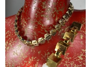 Ridiculously Chic Pairing Of Monet And Coro - Chain Necklace And Geometric Deco Pin In Gold Tones